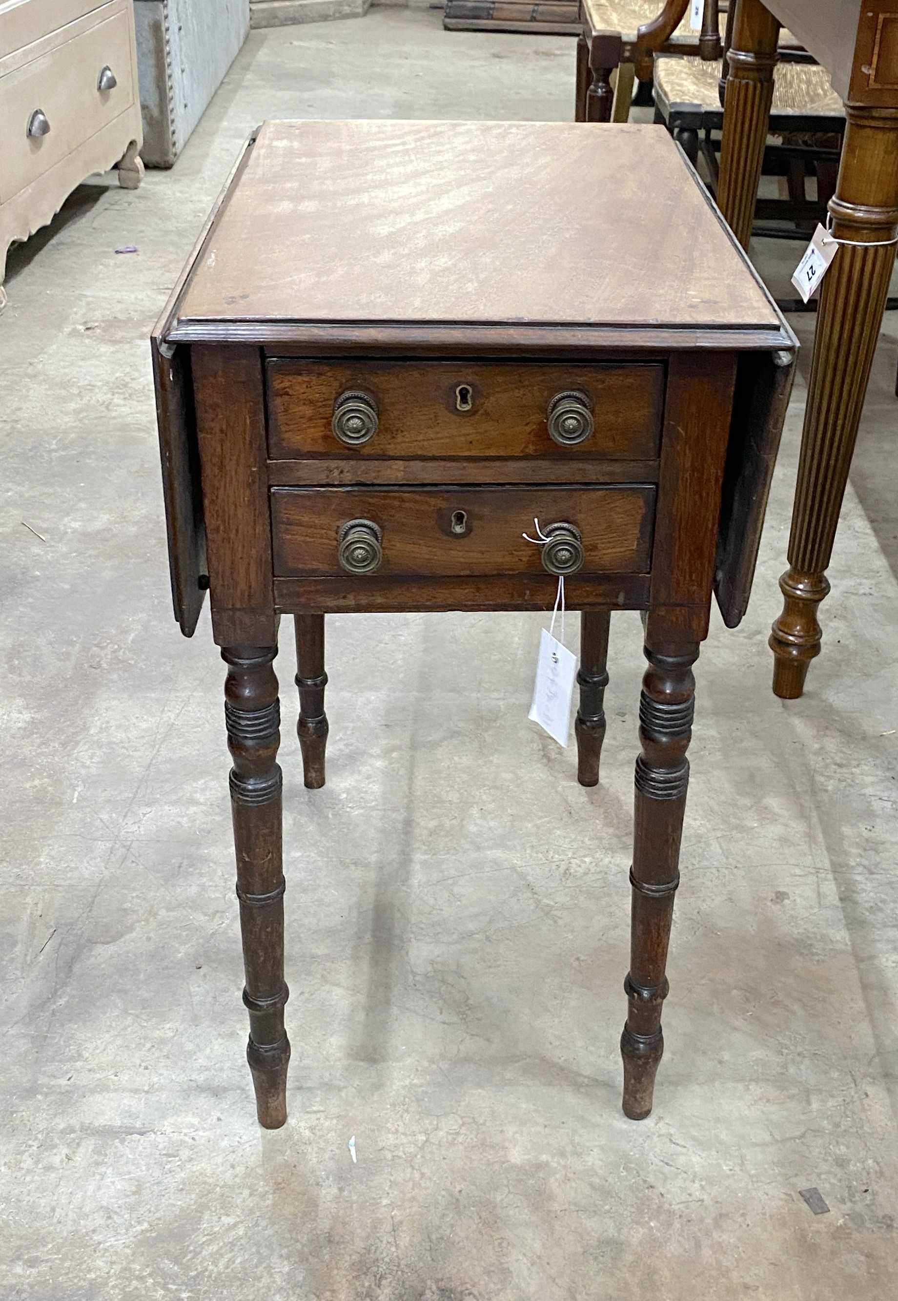 A Regency mahogany drop flap work table, width 50cm, depth 35cm, height 84cm